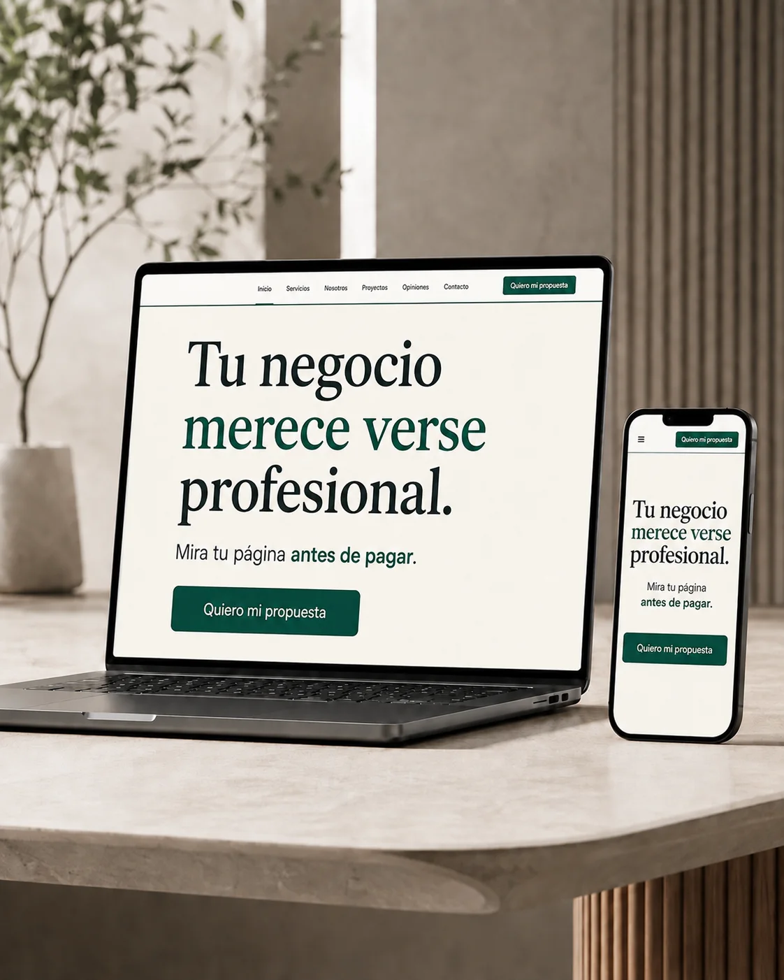 Página web para negocios con el mensaje Mira tu página antes de pagar, mostrada en computadora y celular