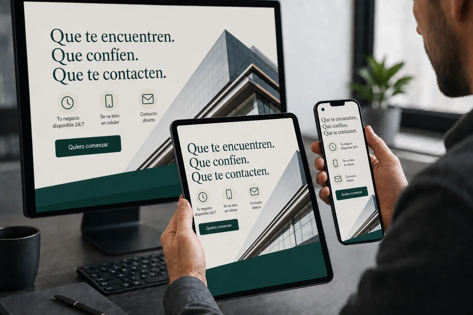 Página adaptable con el mensaje Que te encuentren, que confíen y que te contacten